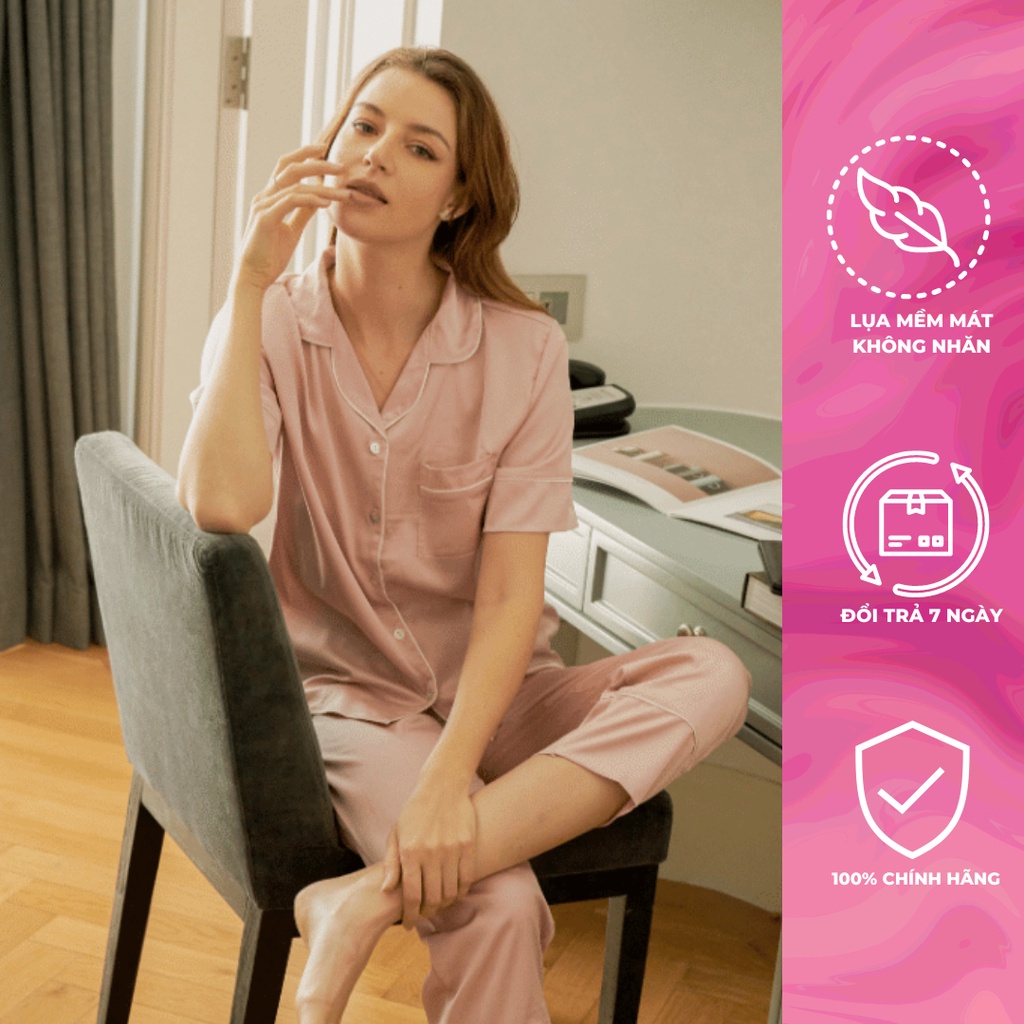 Bộ Đồ Ngủ Nữ Pijama Lụa Mặc Nhà Tay Ngắn Quần Dài Màu Hồng Size Từ 42kg-62kg