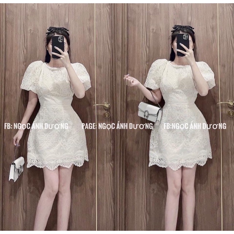 Váy ren cổ ngọc tay bồng