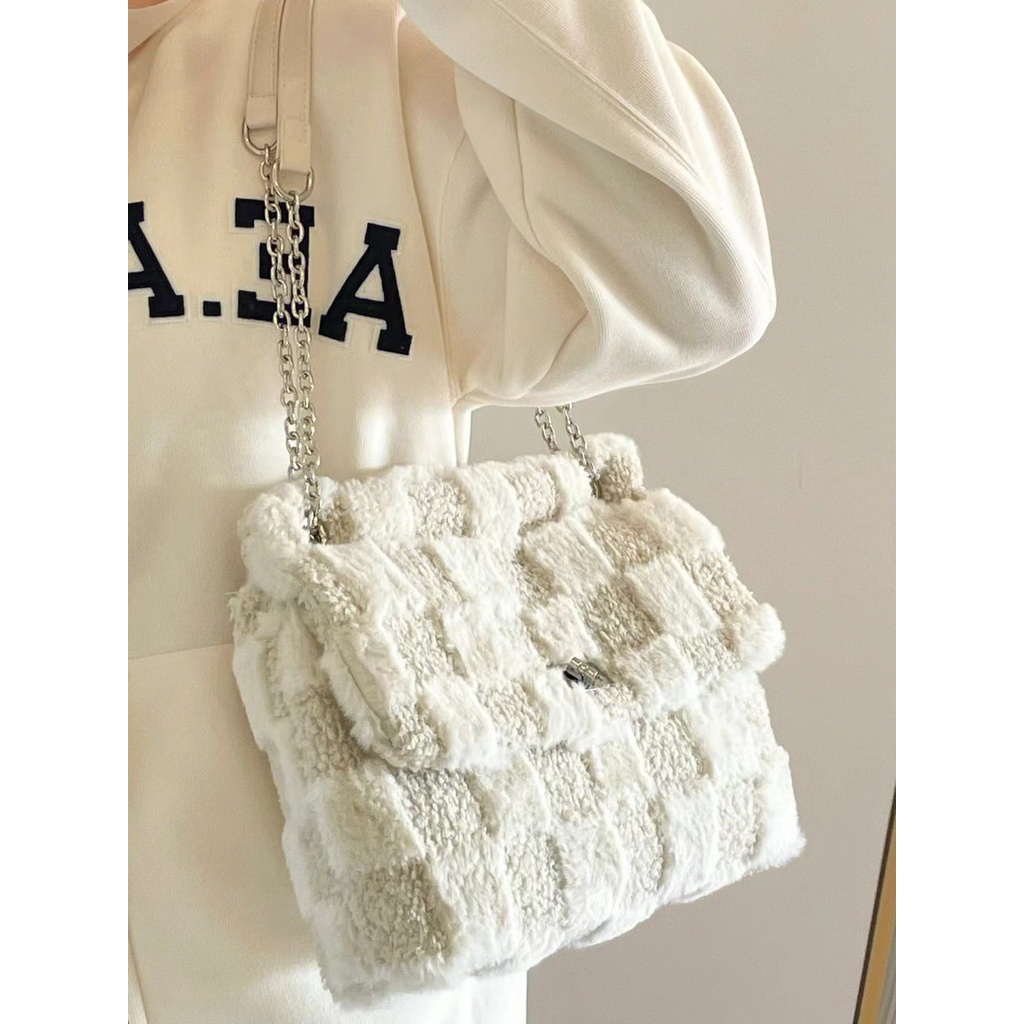 Túi Đeo Vai Họa Tiết Sọc Caro Phối Lông Thời Trang Cho Nữ