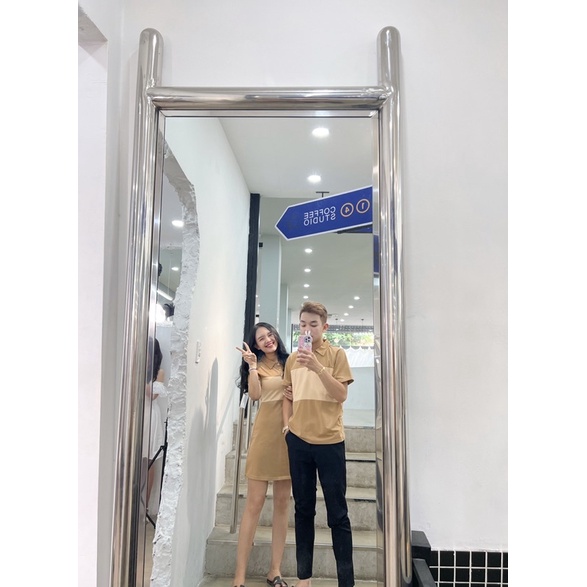 Set đồ đôi áo nam + váy nữ nâu trà sữa