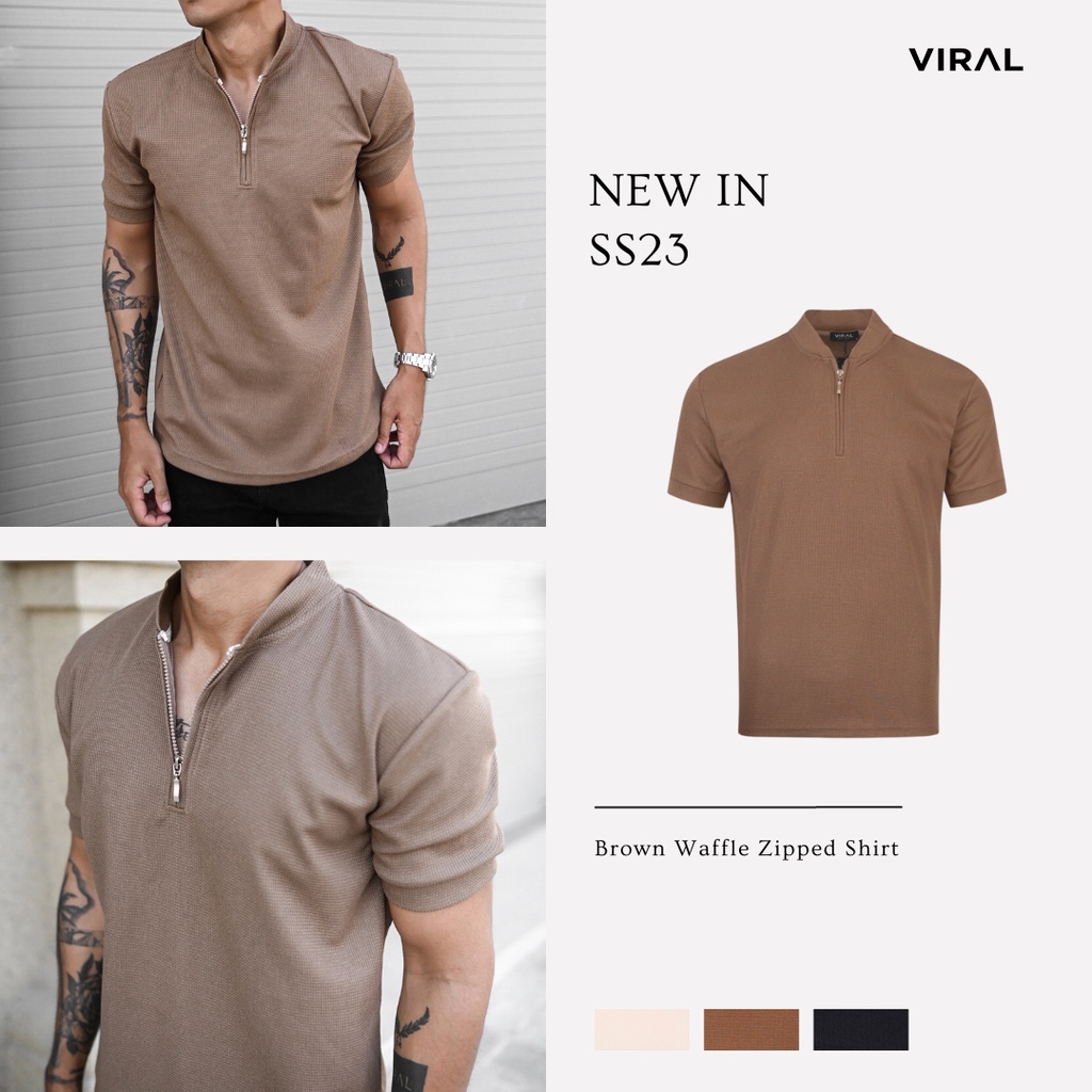 Áo Nam Màu Nâu Phối Khóa Kéo - Brown Waffle Zipped Shirt VIRAL