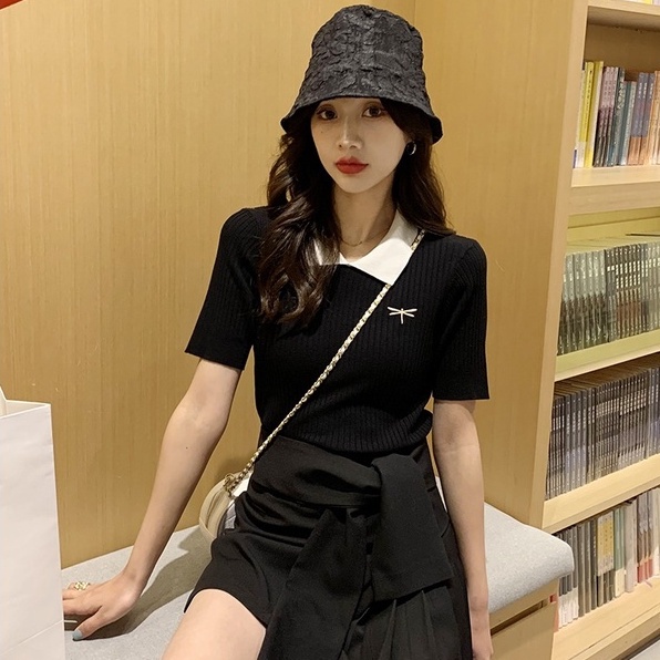 Minimalist Labo Áo thun polo dệt kim tay ngắn thêu hình chuồn chuồn dễ thương thời trang