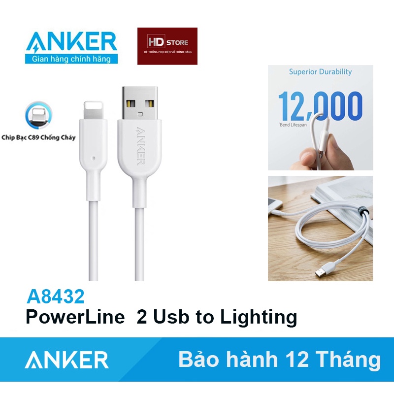 Dây sạc Anker Powerline II Usb to Lighting MFI C89 Bạc Sạc nhanh 12W - A8432 dài 0.9 Mét A8433 Mét 1.8 Mét HDStore