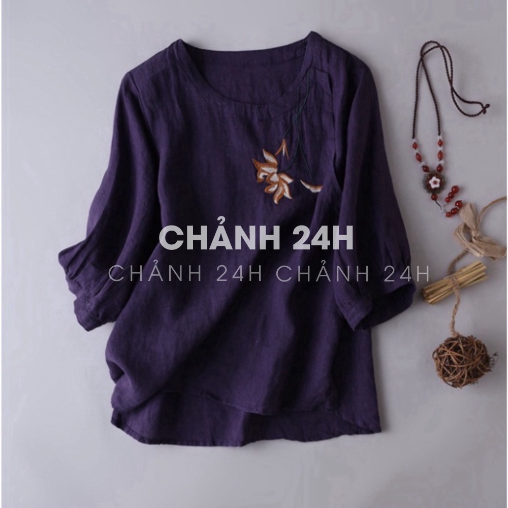 Áo trung niên nữ thêu hoa thiết kế tặng mẹ Chảnh 24h áo kiểu form rộng bigsize chất liệu mềm nhẹ mát AKH.64