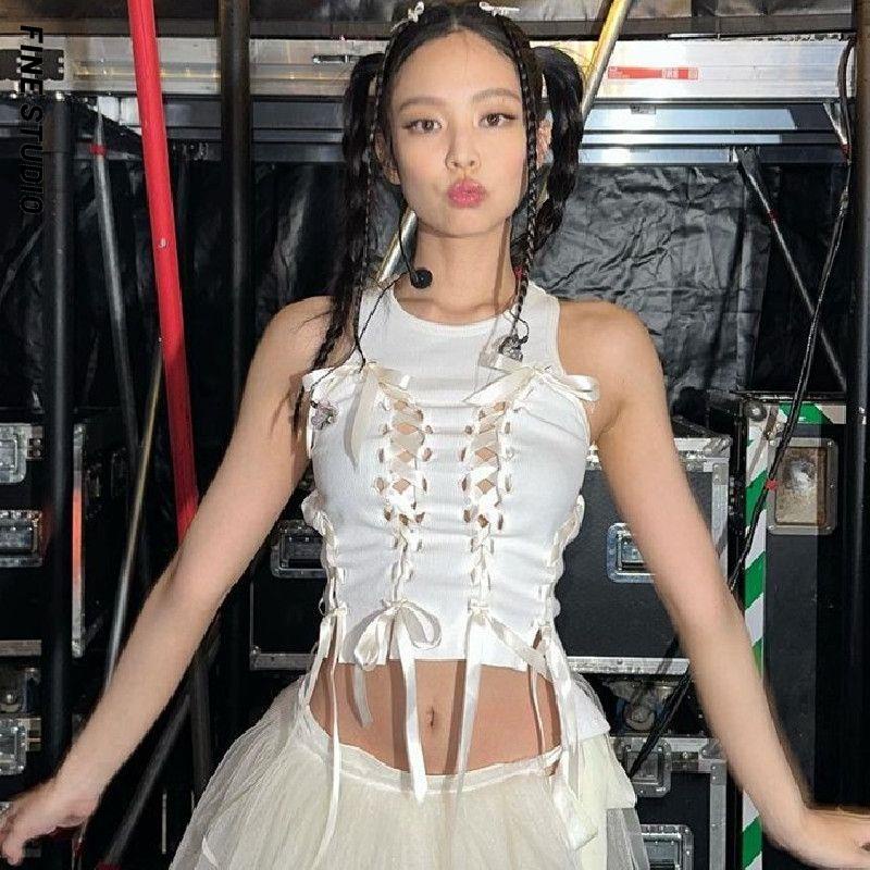 Fine Studio jennie Áo Không Tay Ngắn Cột Dây Khoét Rỗng Phong Cách Pháp Ngọt Ngào Độc Đáo Cho Nữ