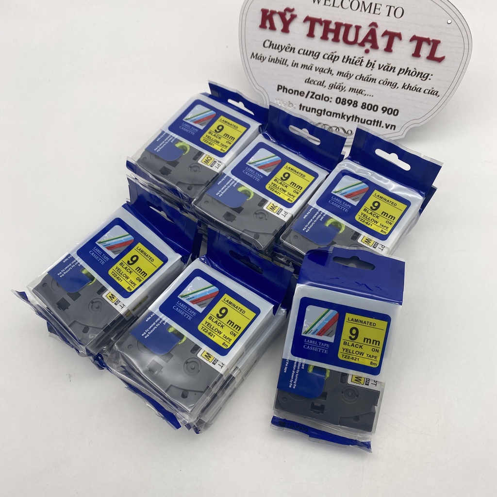 Cuộn băng nhãn 9mm Tz2 chữ đen nền vàng dùng cho máy in Brother p-touch
