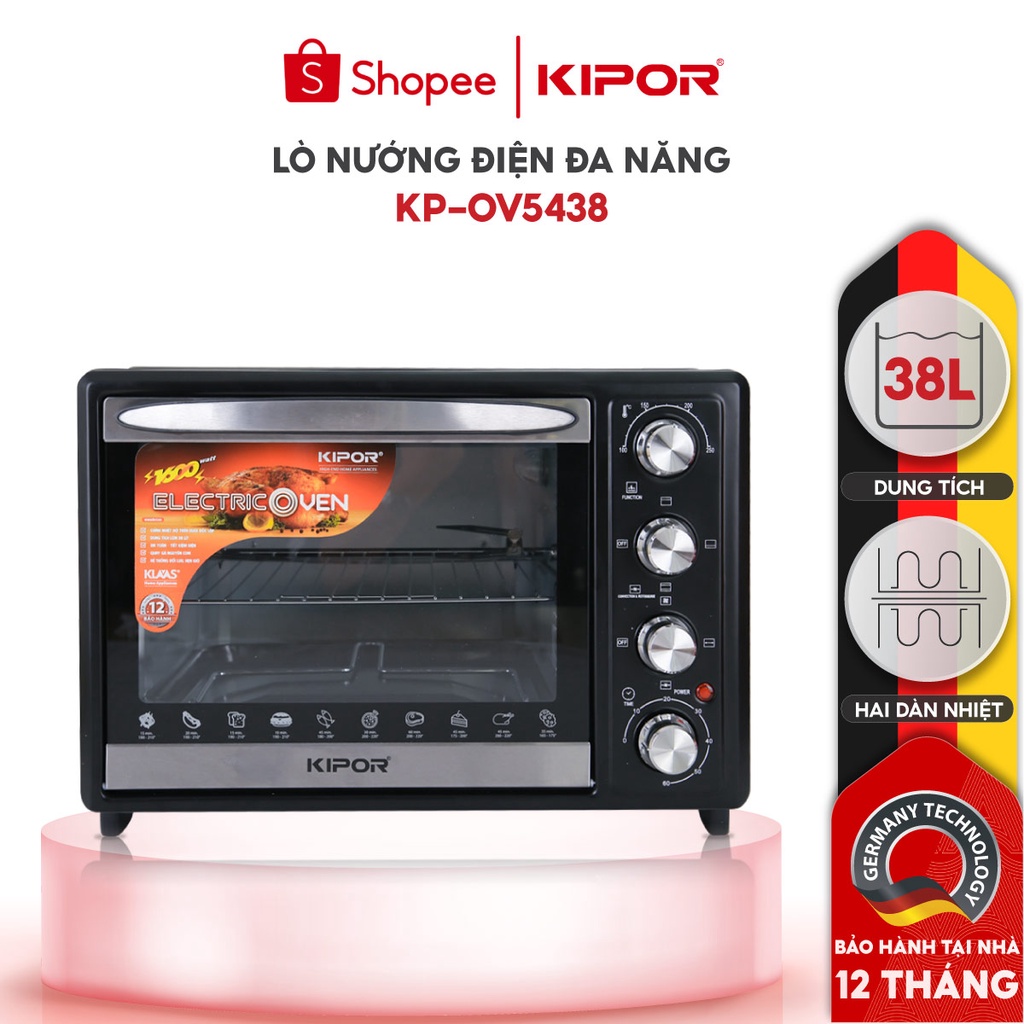 Lò nướng, chiên không dầu KIPOR KP-OV5438 - 38L - Nhiệt lò 250 độ, thanh nhiệt trên dưới - Bảo hành tại nhà 12 tháng