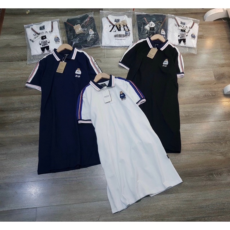 Váy polo 3 sọc vai thêu gấu: màu đen - THan - trắng