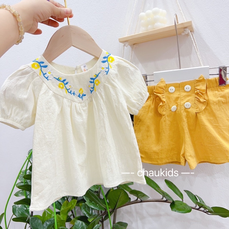 Bộ thiết kế Babydoll thêu hoa bé gái