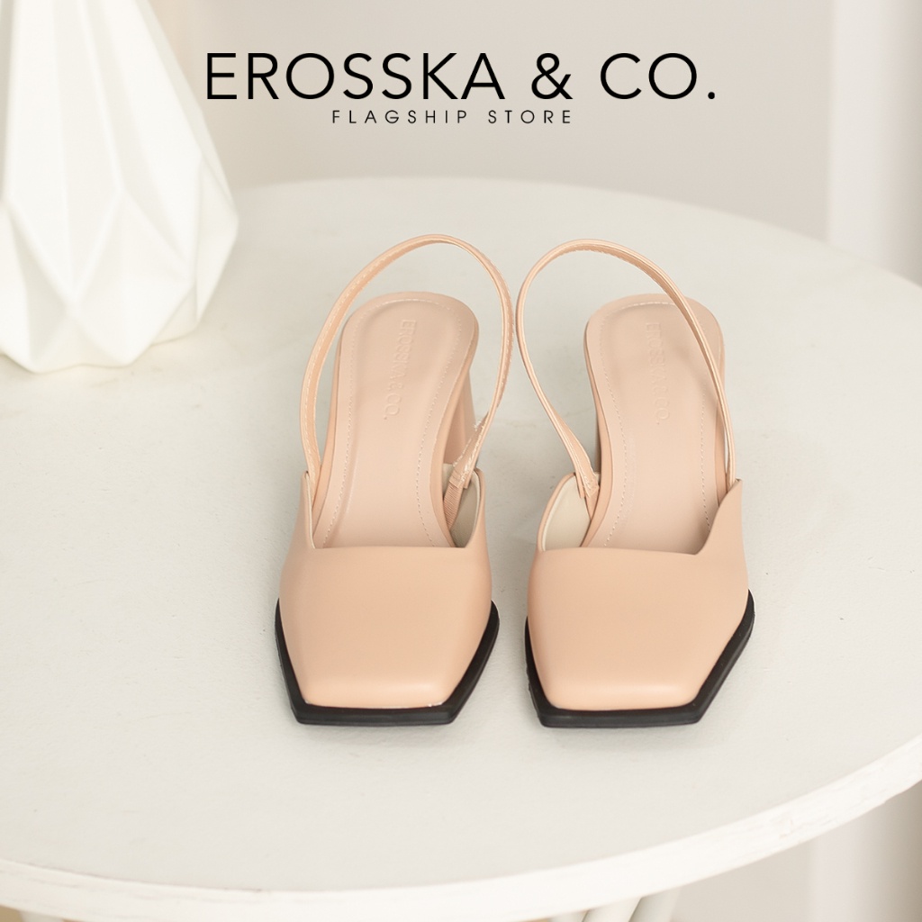Erosska - Giày cao gót mũi vuông phối dây quai mảnh trẻ trung màu nude - EL026