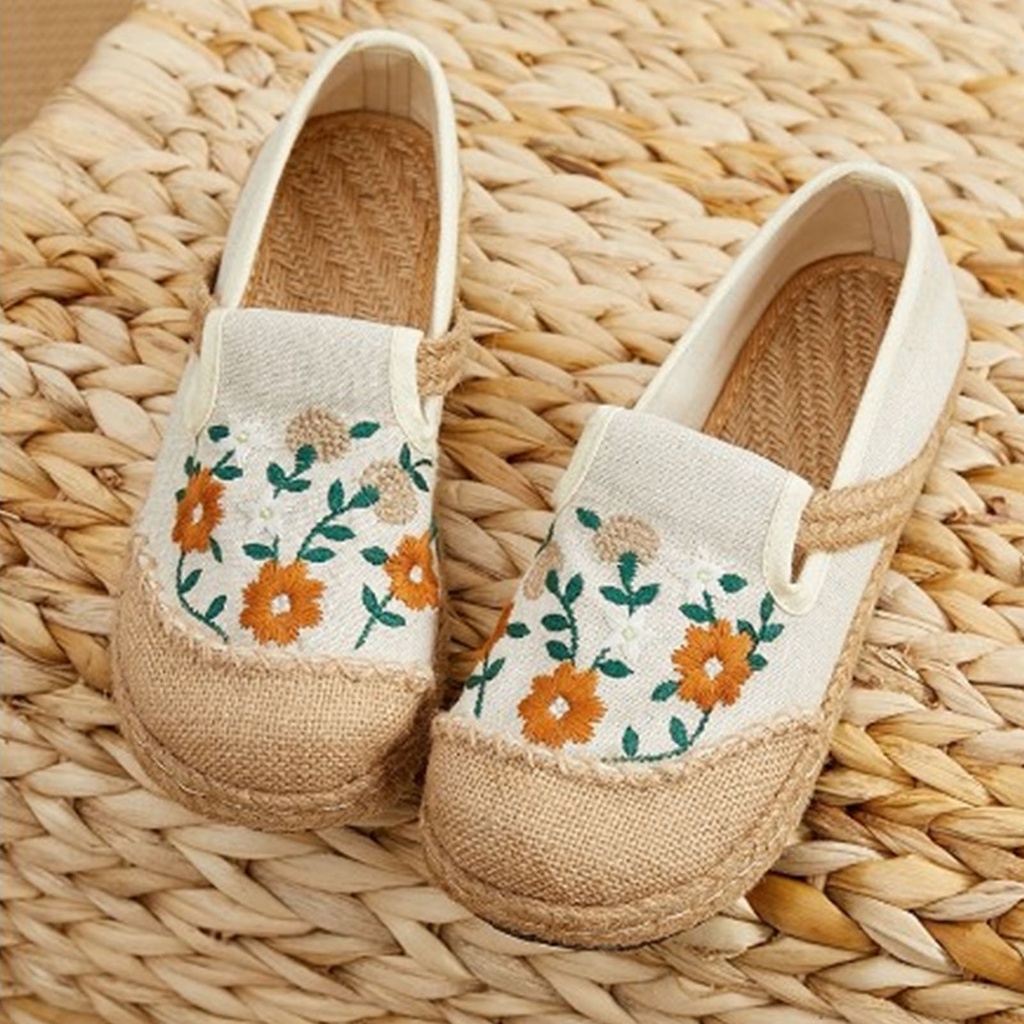 Thonglor Shoe Giày bít mũi bằng vải lanh có ống hút Phẳng thoáng khí Mềm nhẹ nữ thêu hàng ngày run 2 u