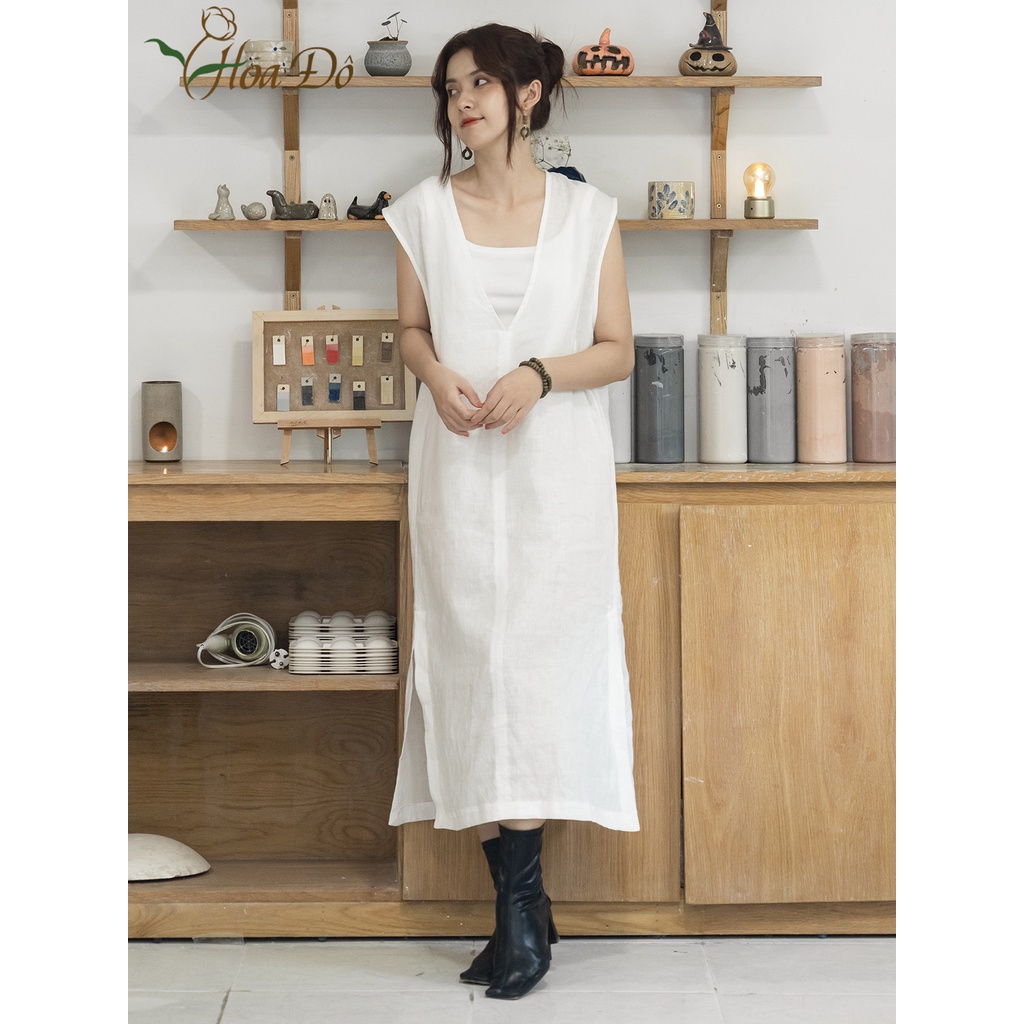Đầm linen cổ V sát nách thời trang HOA ĐÔ thiết kế đơn giản thanh lich màu trắng HD3016
