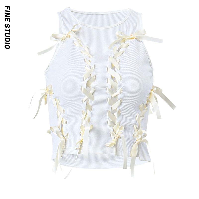 Fine Studio jennie Áo Không Tay Ngắn Cột Dây Khoét Rỗng Phong Cách Pháp Ngọt Ngào Độc Đáo Cho Nữ