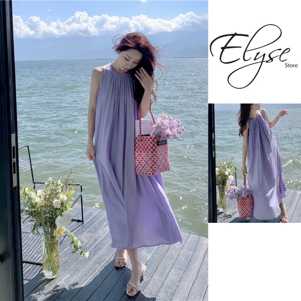 Đầm sát nách váy maxi cổ yếm dáng dài form rộng màu tím thích hợp đi du lịch biển đi chơi cho nữ