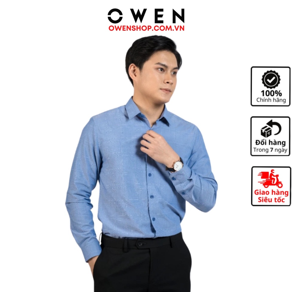 Áo sơ mi công sở nam cao cấp OWEN AS220020D somi dáng slim fit tà lượn không túi dài tay vải sợi tre màu oxford navy