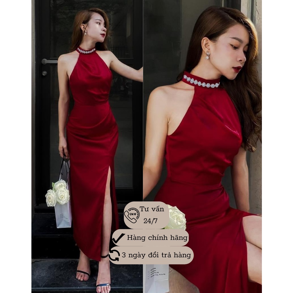 Đầm dạ hội cổ yếm xẻ tà , đầm body lụa phi mềm mại cổ đính ngọc