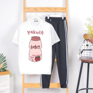 Sét Bộ Quần Áo Thời Trang Ulzzang Style Nữ Ngắn Tay Mặc Đi Chơi Mùa Hè, Áo Da Cotton In 3D Sữa Yaku Mix Quần Thun Bo Gấu