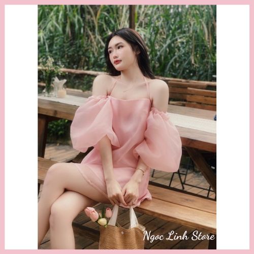 Đầm 2 dây vải tơ tay phồng, Váy hai dây màu hồng pastel xinh xắn - Ngọc Linh Store
