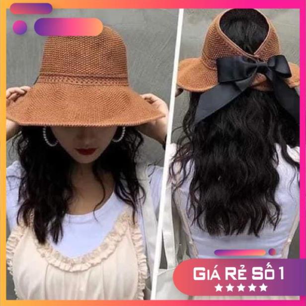 Mũ nón nữ cói gấp gọn nửa đầu thắt nơ sau phong cách Hàn Quốc
