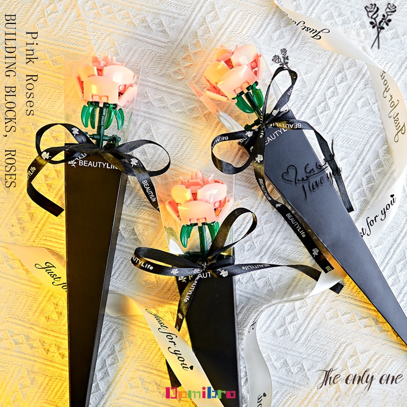 Khối lắp ráp DOMIBRO hình hoa hồng kết hợp bó hoa nhiều màu sắc dùng làm quà tặng lãng mạn cho cô gái DIY