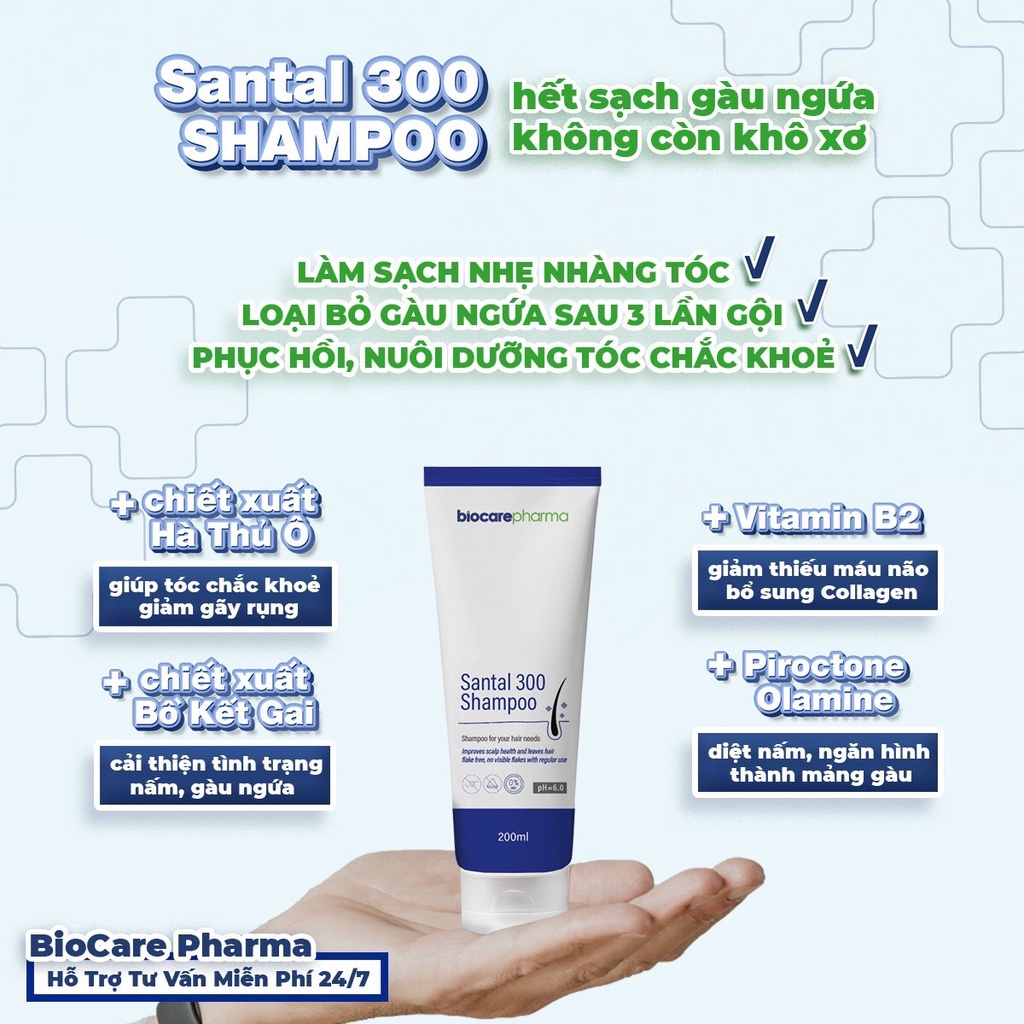 Dầu gội dược liệu BIO CARE PHARMA Santal 300 Shampoo 200ml - Giảm gàu, nấm ngứa da đầu
