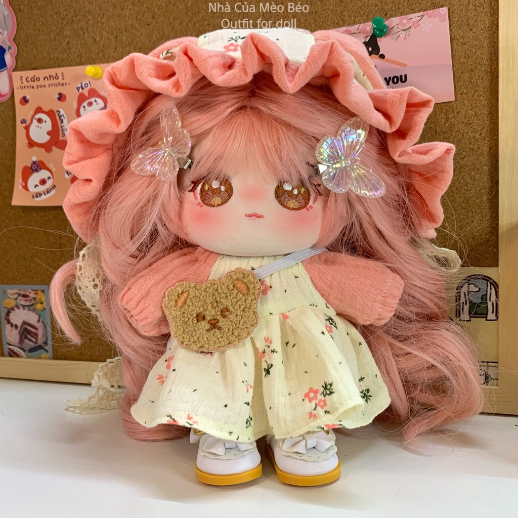 Quần áo cho gấu bông. set váy kèm mũ cho doll kpop. outfit for doll. quần áo cho gấu bông