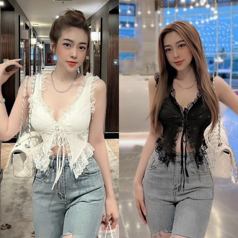 ÁO XỐP CỔ V VIỀN REN DÂY BẢN ĐAN NGỰC CÓ MÚT NGỰC DÀY DẶN