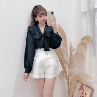 Áo sơ mi cột nơ đũi xốp tay dài cổ bèo