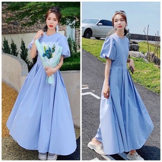 Đầm xanh biển cổ tròn xếp li eo