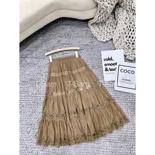 Chân váy lụa phối ren dáng dài QC