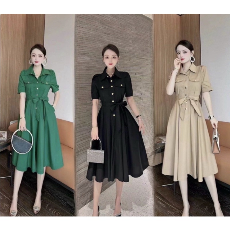 ( VÁY THIẾT KẾ HONGKONG) VÁY THIẾT KẾ SIÊU CẤP -DÁNG XÒE RỘNG - CỔ ÁO SƠ MI BẢNG TO - DÂY BUÔC NƠ EO TÔN DÁNG SANG CHẢNH