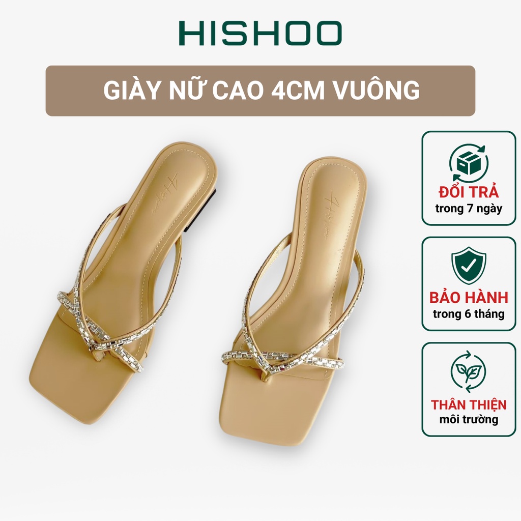 Giày Nữ Cao 4cm Xỏ Ngón Thời Trang Hishoo Quai Mảnh Mũi Vuông Cao Cấp S011