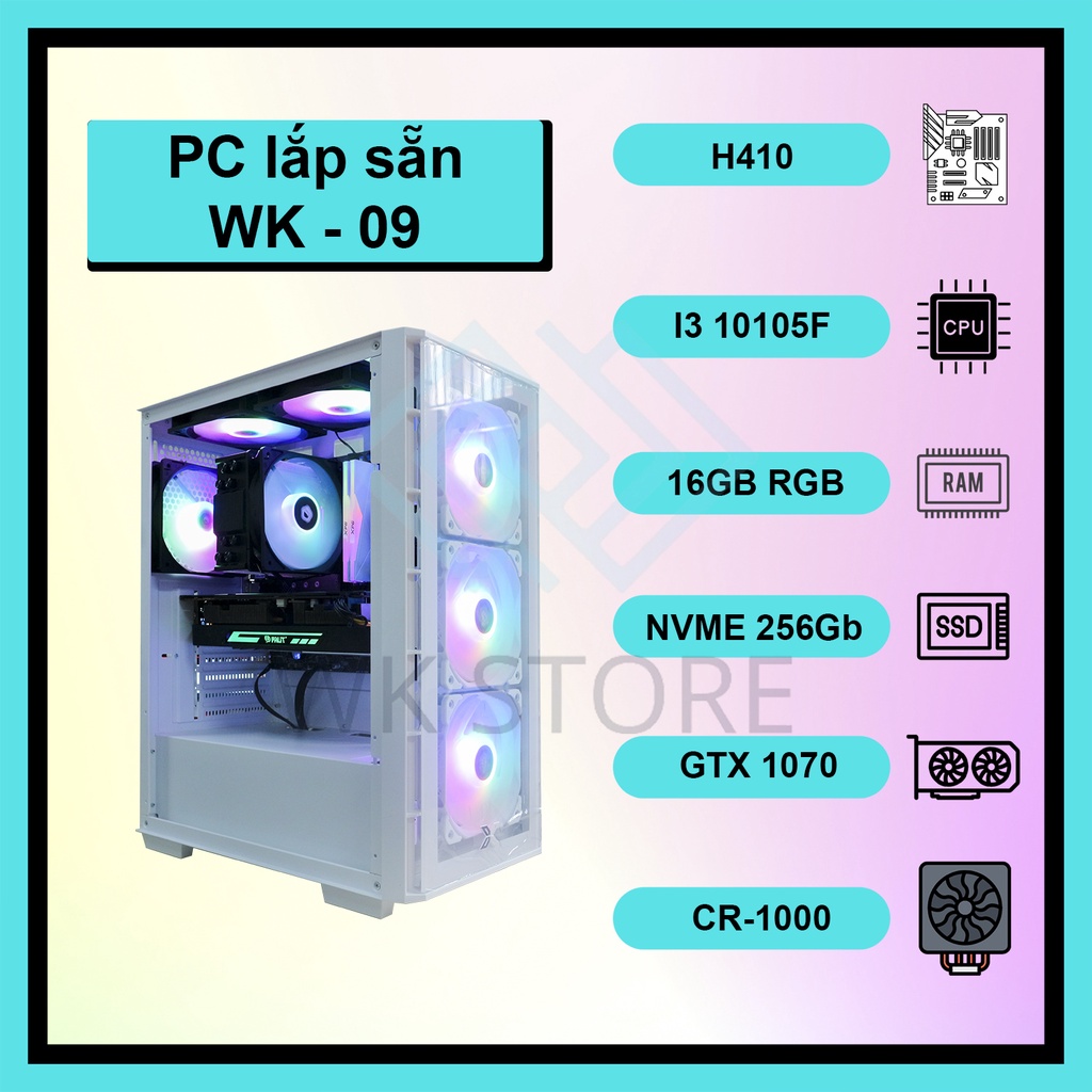 Thùng PC Gaming WK-09 Core I3 10105F, 16GB Ram, VGA GTX 1060/GTX 1070/RX 6600 Mới (BH 3 năm) | BigBuy360 - bigbuy360.vn