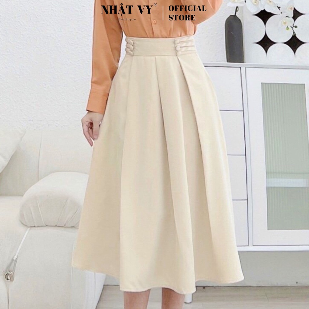 Chân Váy Dập Ly Công Sở NHẬT VY Dáng Dài Chữ A Phối Cúc Phù Hợp Đi Chơi, Du Lịch Chất Cotton Màu Nude, Xanh, Đen - D2467