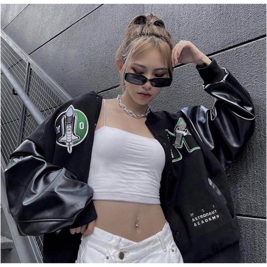 Áo khoác bomber Miss Out Varsity Jacket vải nỉ phối tay da, áo bomber bóng chày nam nữ unisex form rộng - BÚN SHOP 88