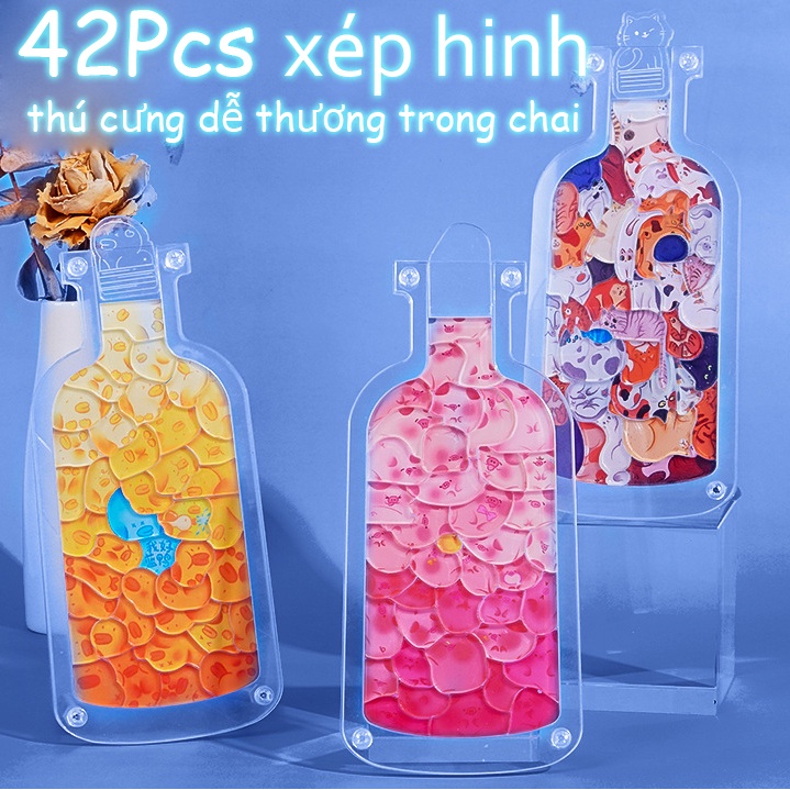 42Pcs Bộ xếp hình Mèo trong lọ bằng Acrylic trong lắp ráp mô hình mèo Sanrio LEGO Kuromi/Losto/