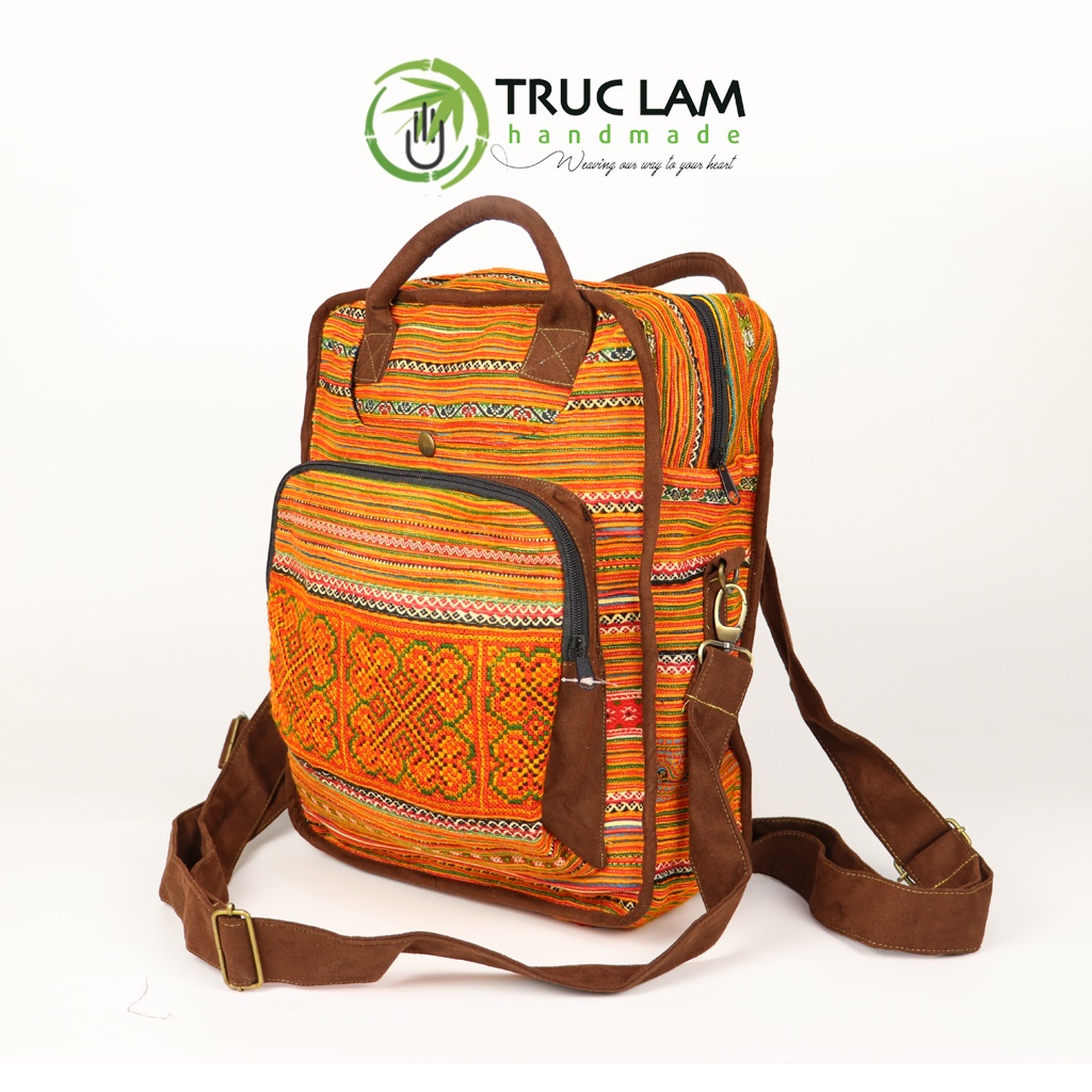 Balo Nam Nữ Thời Trang Unisex Trúc Lâm Handmade TCBL08 Vải Thổ Cẩm Phối Viên Da Lộn Cao Cấp Kiểu Dáng Đa Năng Hiện Đại