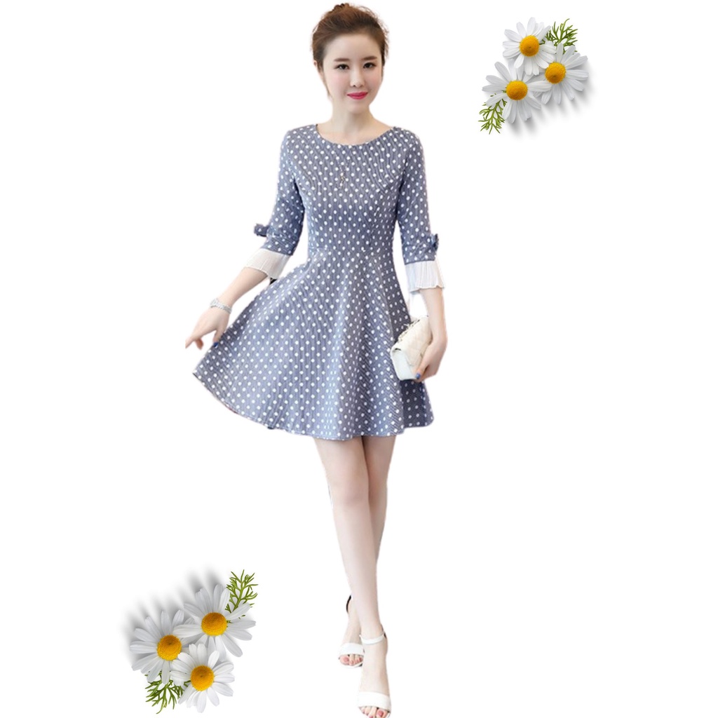 Đầm Xòe Chấm Bi Hàng Quảng Châu Đẹp Y Hình chất kaki thun dày dặn và co giãn thoải mái. Đi làm,đi chơi,đi tiệc