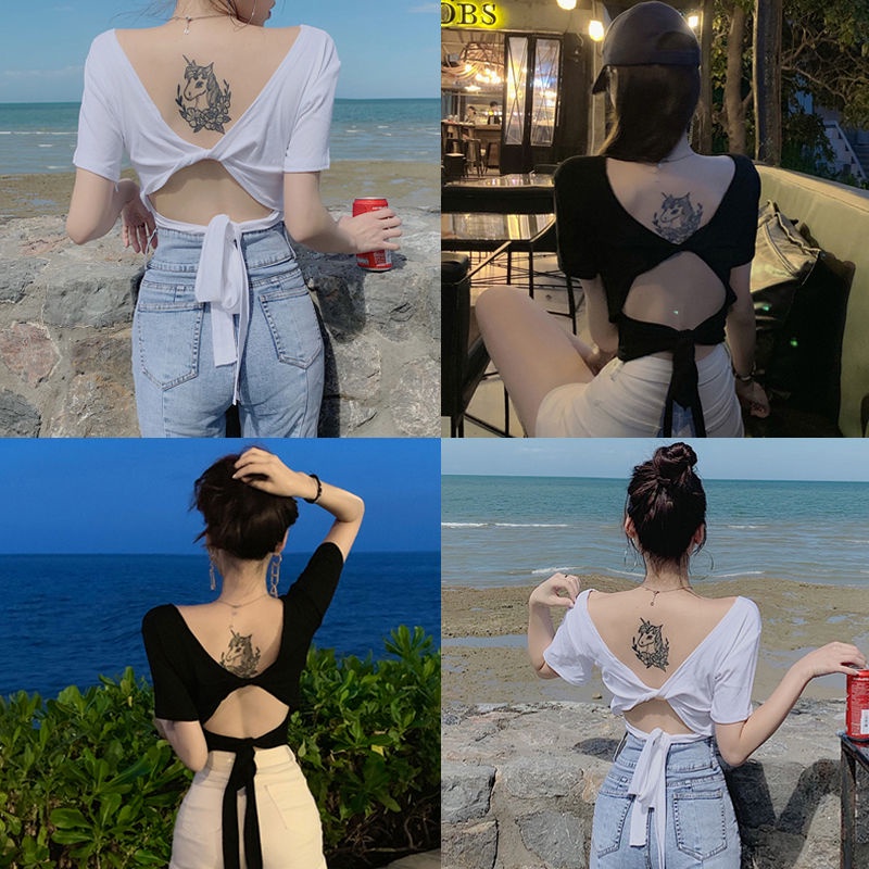 Jiashucheng Áo Trễ Vai Mùa Hè Có Dây Buộc Sau Lưng