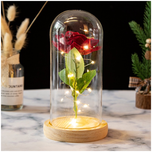 Hoa hồng giả có đèn led kèm sẵn pin đựng trong bình thủy tinh sang trọng trưng bày hoặc quà tặng cao 22cm
