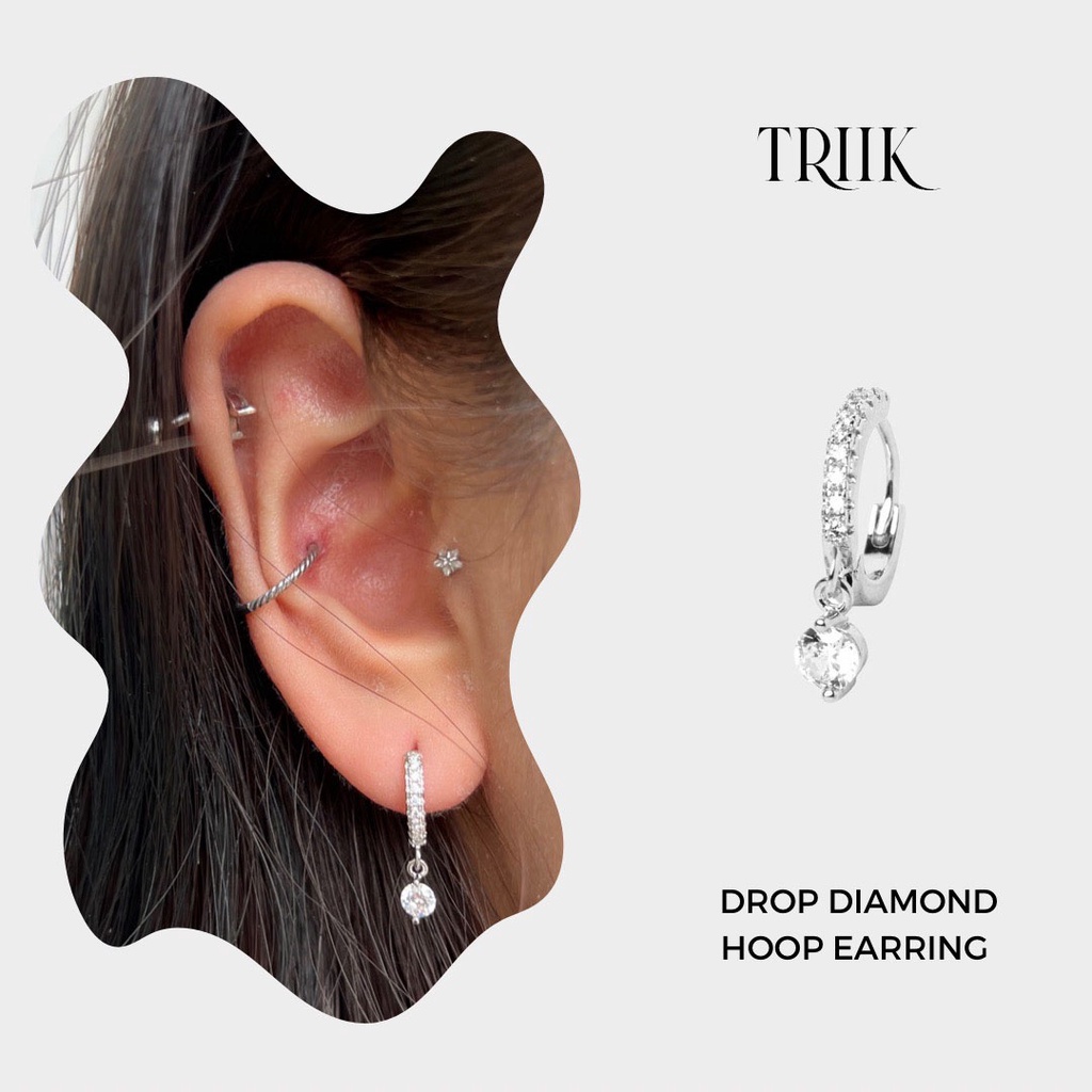 Khuyên tai vòng đá - Drop Diamond Hoop Earring - Round ( giá 1 chiếc )