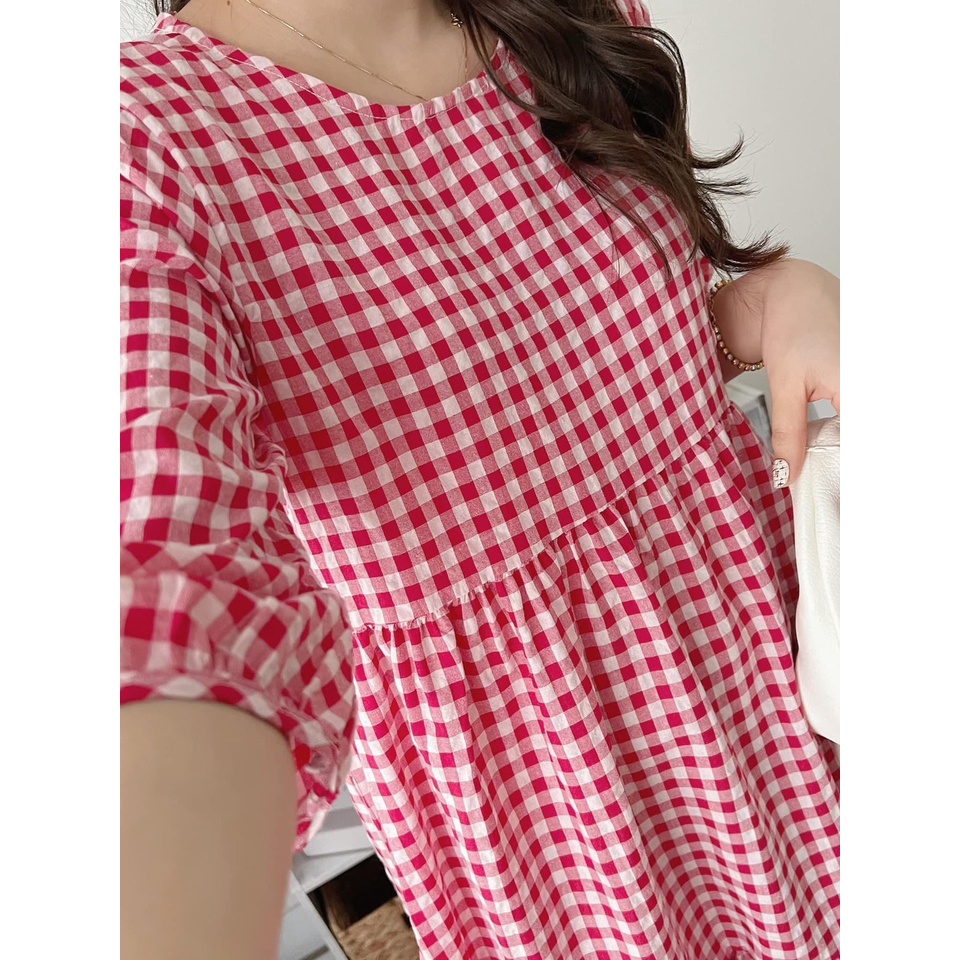 Váy babydoll tay bồng kẻ sọc caro xanh xếp ly dáng dài cúc lưng dây buộc eo vintage phong cách Hàn Quốc