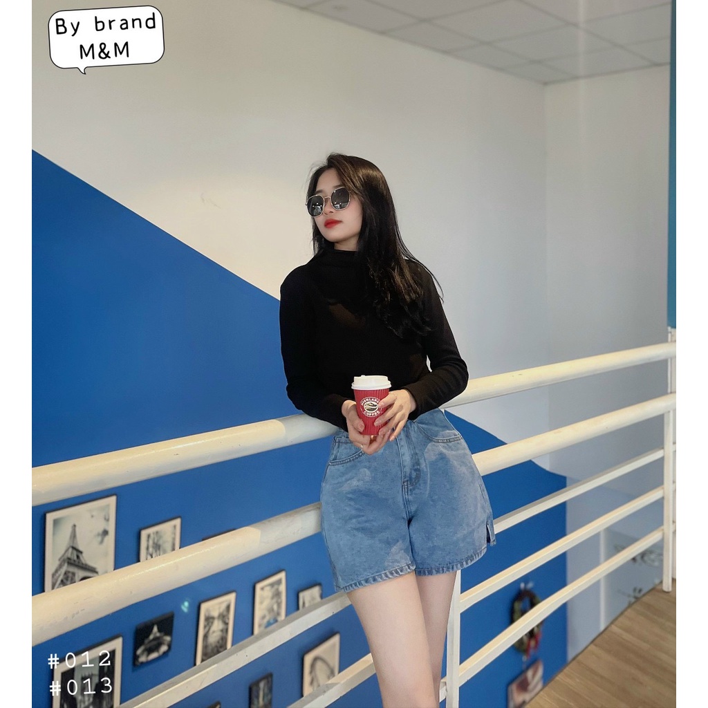Quần Short Jean Nữ 2 cúc xẻ ống Hàn Quốc, Sooc Denim ống rộng cạp cao Retro HQ Mayjean.vn 012