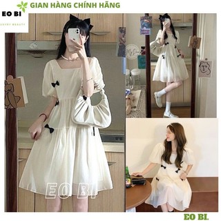  Váy babydoll TRẮNG ĐÍNH NƠ cổ vuông siêu xinh cho nàng Đầm tiểu thơ xinh xắn HOT TREND công chúa bánh bèo - EOBI 