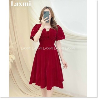 [3,3 Sales Freeship] Váy nữ thiết kế đi tiệc, đầm xòe umi cổ vuông xếp ly ngực tay phồng đính cườm dáng dài sang chảnh