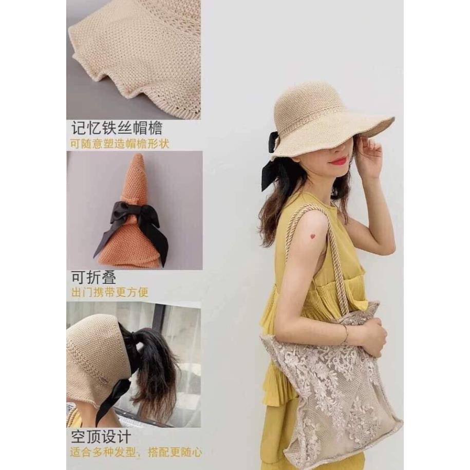 Mũ nón nữ cói gấp gọn nửa đầu thắt nơ sau phong cách Hàn Quốc