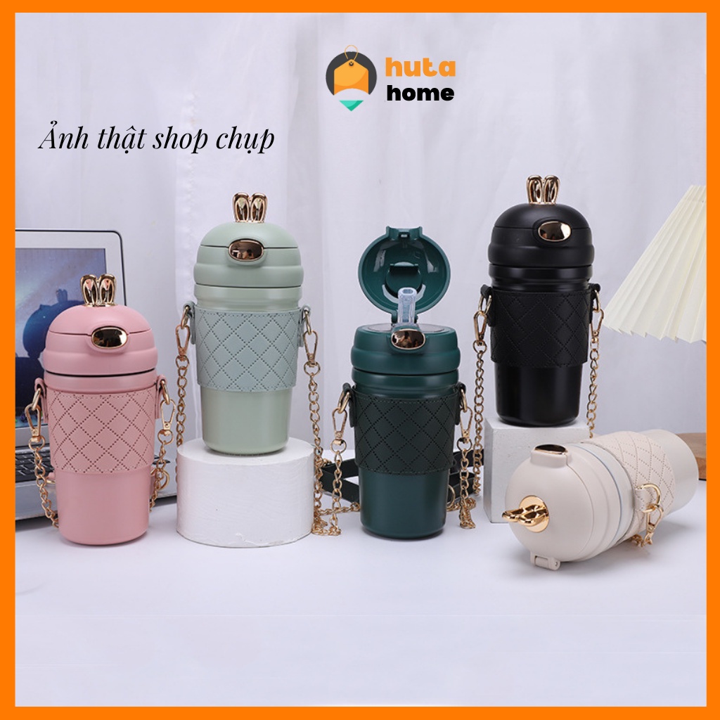 Bình nước cao cấp tai thỏ có dây đeo phong cách Hàn Quốc 500ml giữ nhiệt 6-12 tiếng