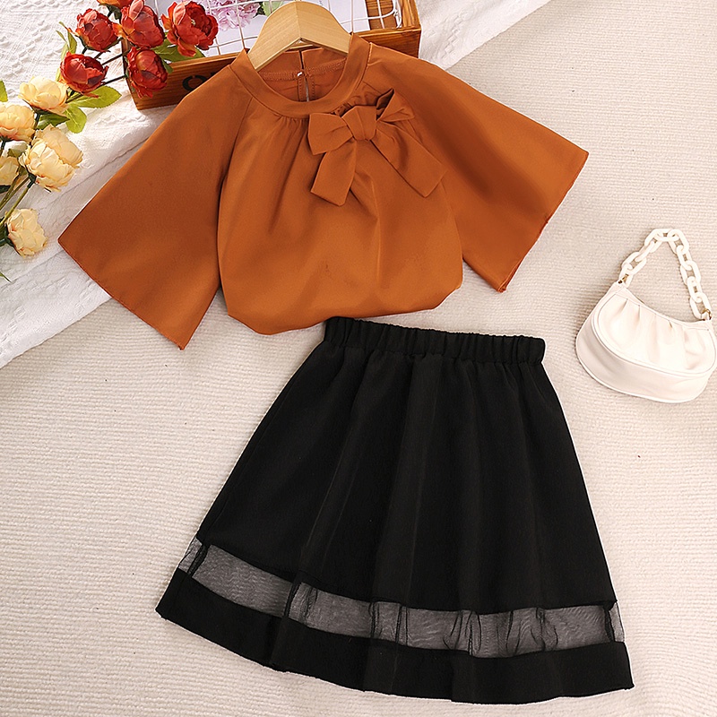 Set đồ mùa hè 2 món SIYYIS gồm áo thun màu cam + váy đen thời trang cho bé gái 8-12 tuổi