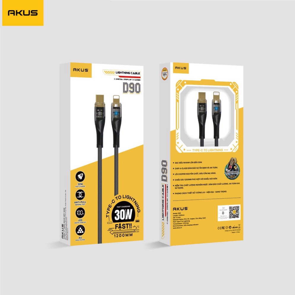 Dây cáp sạc nhanh 30W từ 7plus đến 14 promax - AKUS - D90 - Hàng chính hãng- BH 12 tháng
