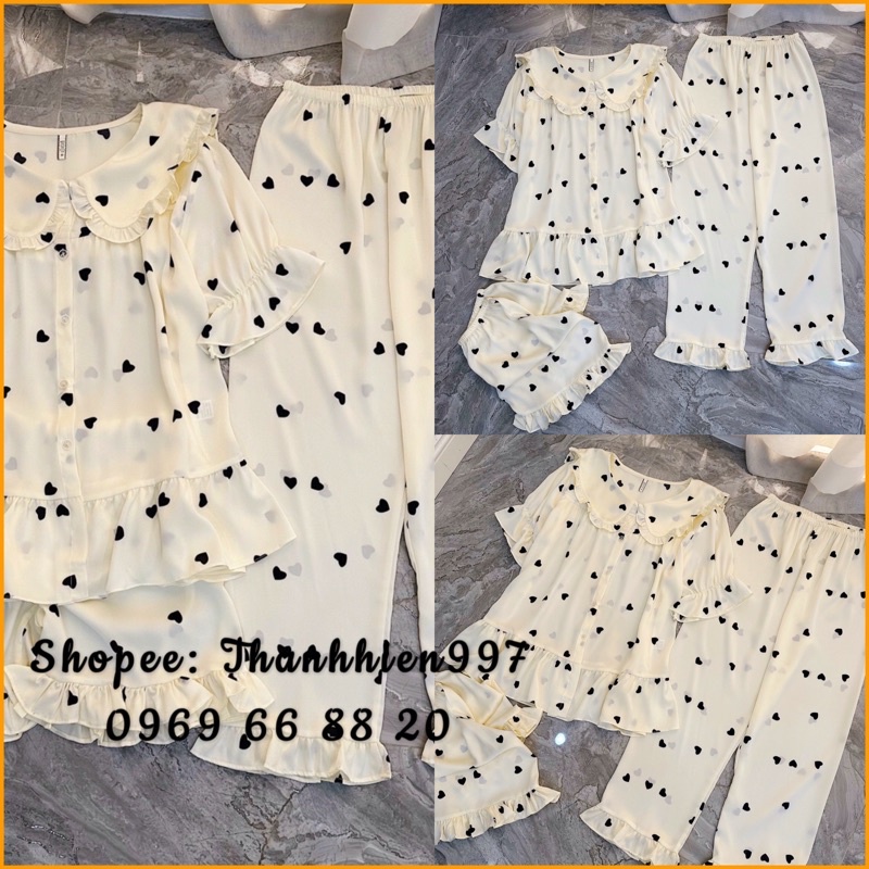 ♥️Hàng QC♥️Set 3 món, bộ ngủ lụa tay ngắn quần dài,đuồi chấm bi_Thanhhien997_lụa satin cao cấp, Form to 926.